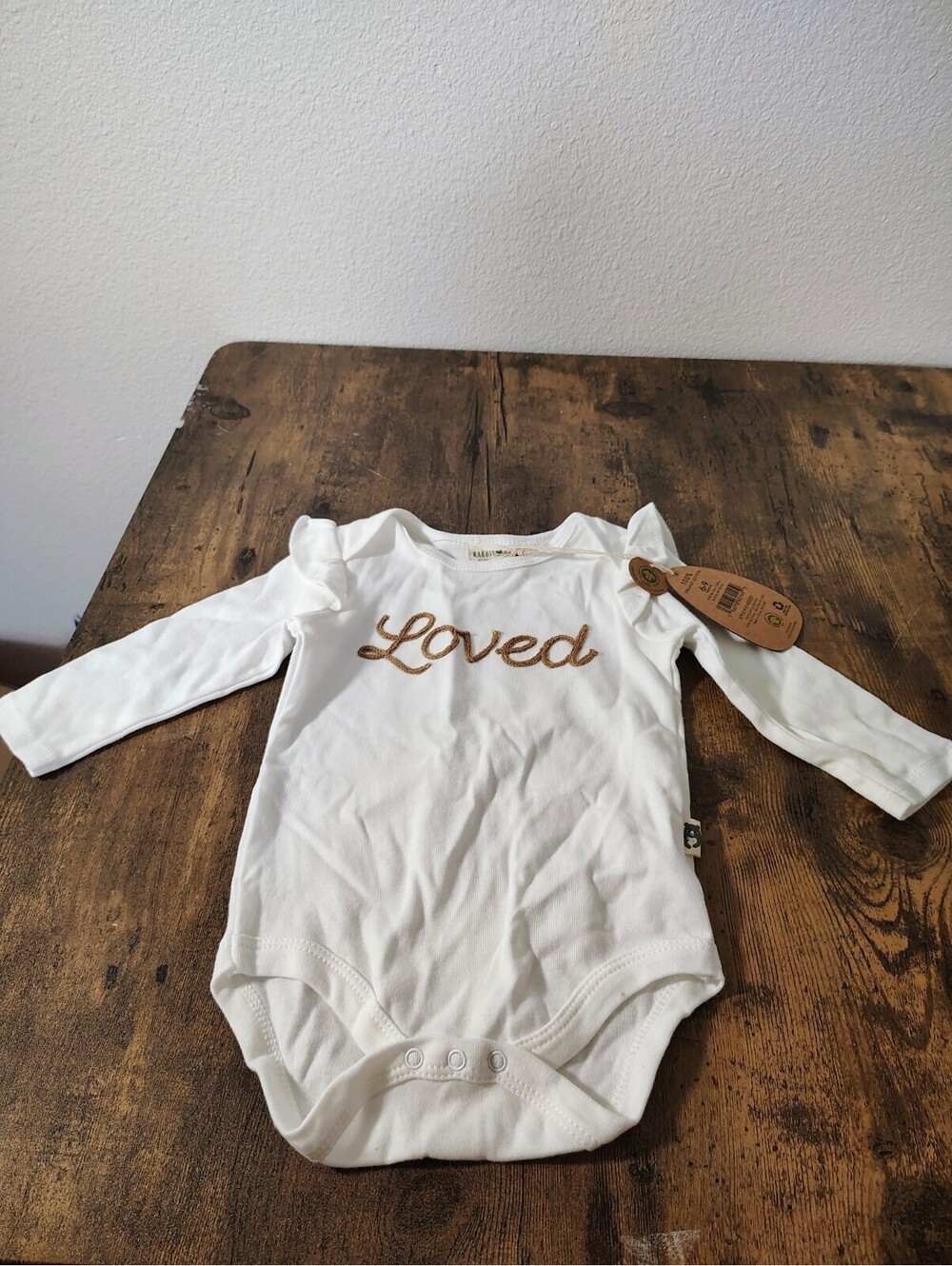 NWT Rabbit + Bear Baby Girl 6-9 Months Loved Organic Long Sleeve Bodysuit White